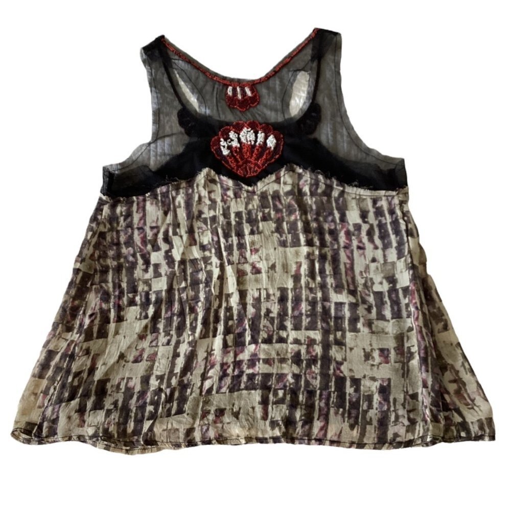 Jaloux Beaded Boho 100% silk Sleeveless Tank Top Size M